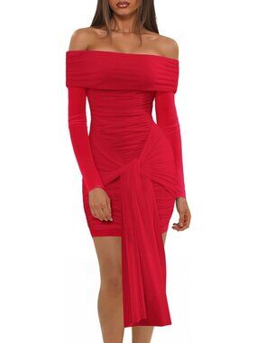 Women's Off The Shoulder Mesh Dress Long Sleeve Red Bodycon Dress Wrap Dress